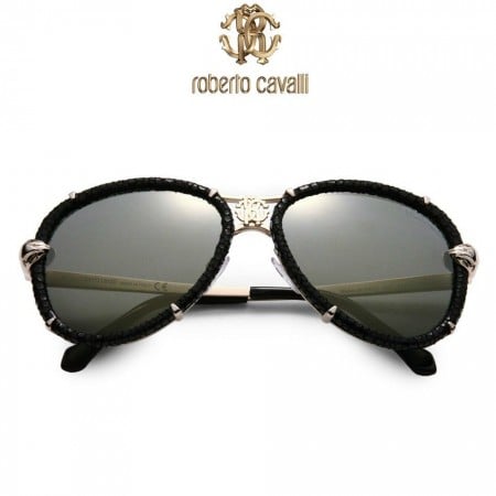 Roberto Cavalli Black Leather Wrapped Aviator Sunglasses