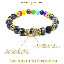 Ancient Yantra - Snow Wishing Stone with 96 ZC Cosmic Energy Crystals in Gold Hexagons - 7 Chakra Balancer Yantra Bracelet